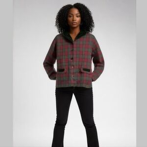 Vintage Holiday Plaid Tartan Red & Green Preppy Simple Breasted Velvet Blazer L